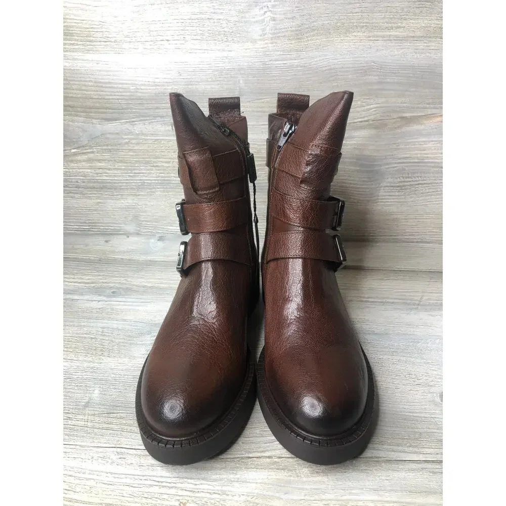 Emanuele Crasto Womens Brown Leather 3 Buckle Italian Moto Biker Boots SZ 39/8.5